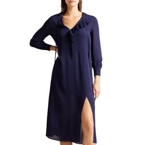 Ted Baker US Sz 2 Ted Sz 0 Asymmetrical Ruffle Midi Dress Navy NWOT Missing Slip